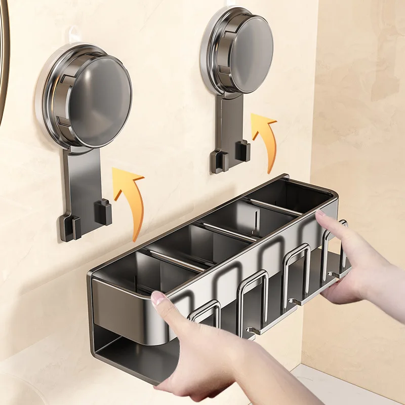 AOBT No Drilling Suction Cup Hair Dryer Stand All-in-One Bathroom Bracket with Toothbrush Holder And Toothware Rinsing Cup