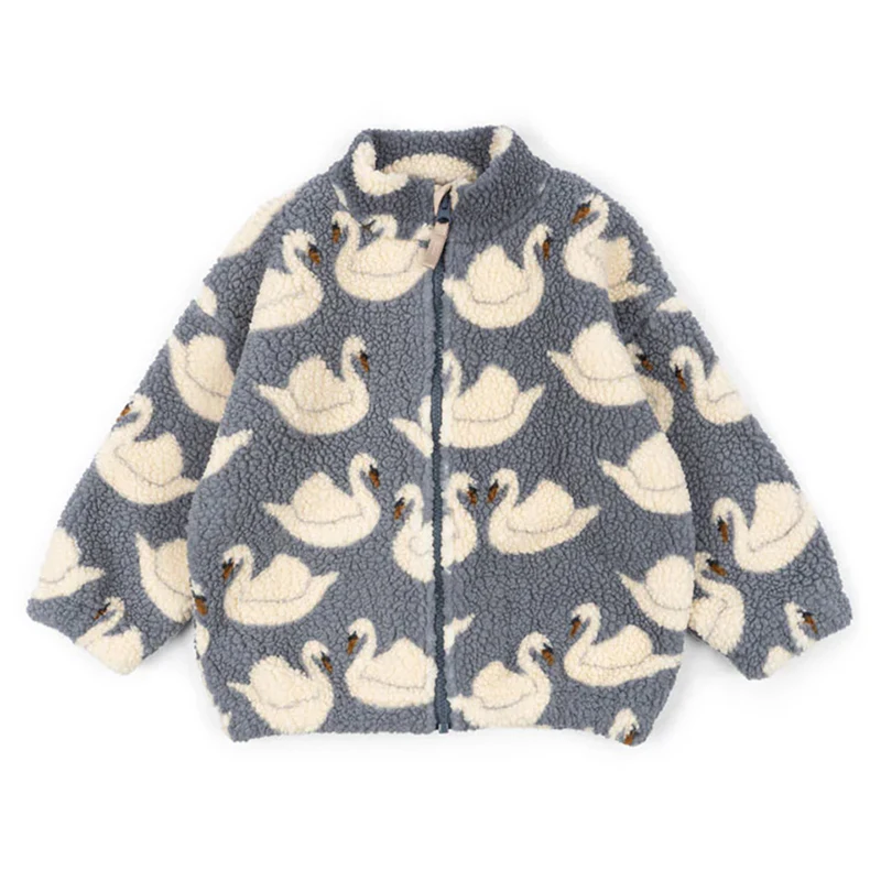 Autumn Winter 2024 New Warm Jacket Girls Lamb Wool Hooded Jacket Boys Swan Printed Cotton Jacket Baby Winter Clothes