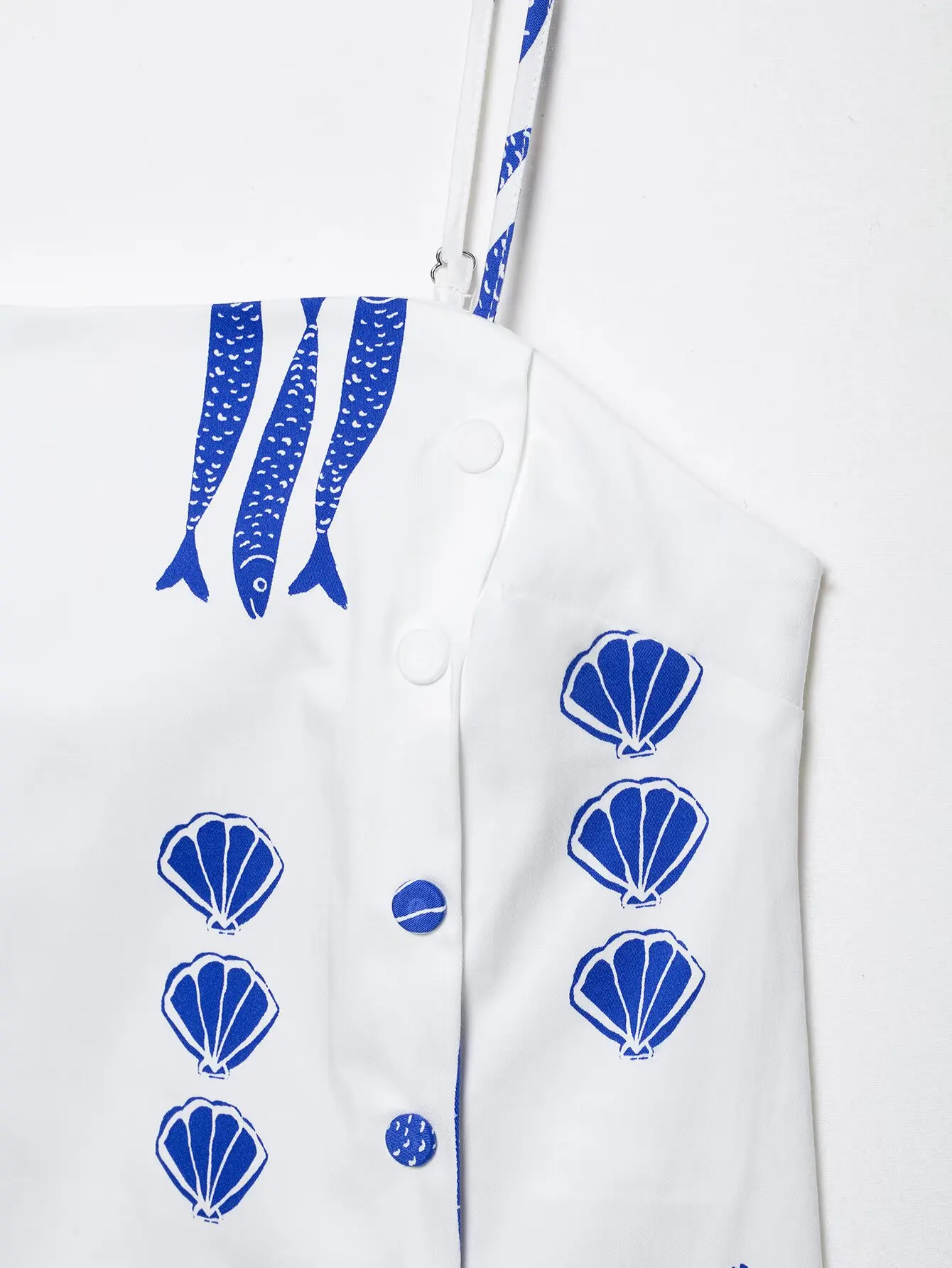 KONDALA Schickes Lässiges Bedrucktes Fisch-Motiv 2026 Damen-Anzug mit Knöpfen, Sexy Schmal Geschnittene Weste + Weite Hose mit Schleife und Reißverschluss, Böhmisches Damen-Set – Detail 5