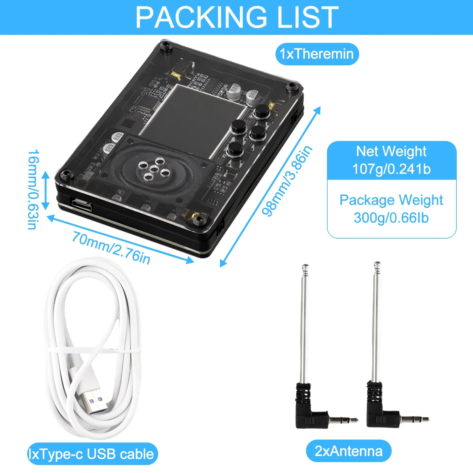 

Warm Tips Mini Theremin Function Settings Many Voices Pitch Control Pluggable Antennas Screen Display Self-contained Speakers