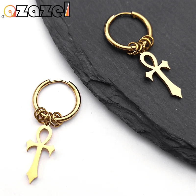 Pendientes colgantes con forma de cruz de Egipto Ankh para mujer, aretes con amuleto de crucifijo egipcio de acero inoxidable, Color dorado, joyería E1714S08