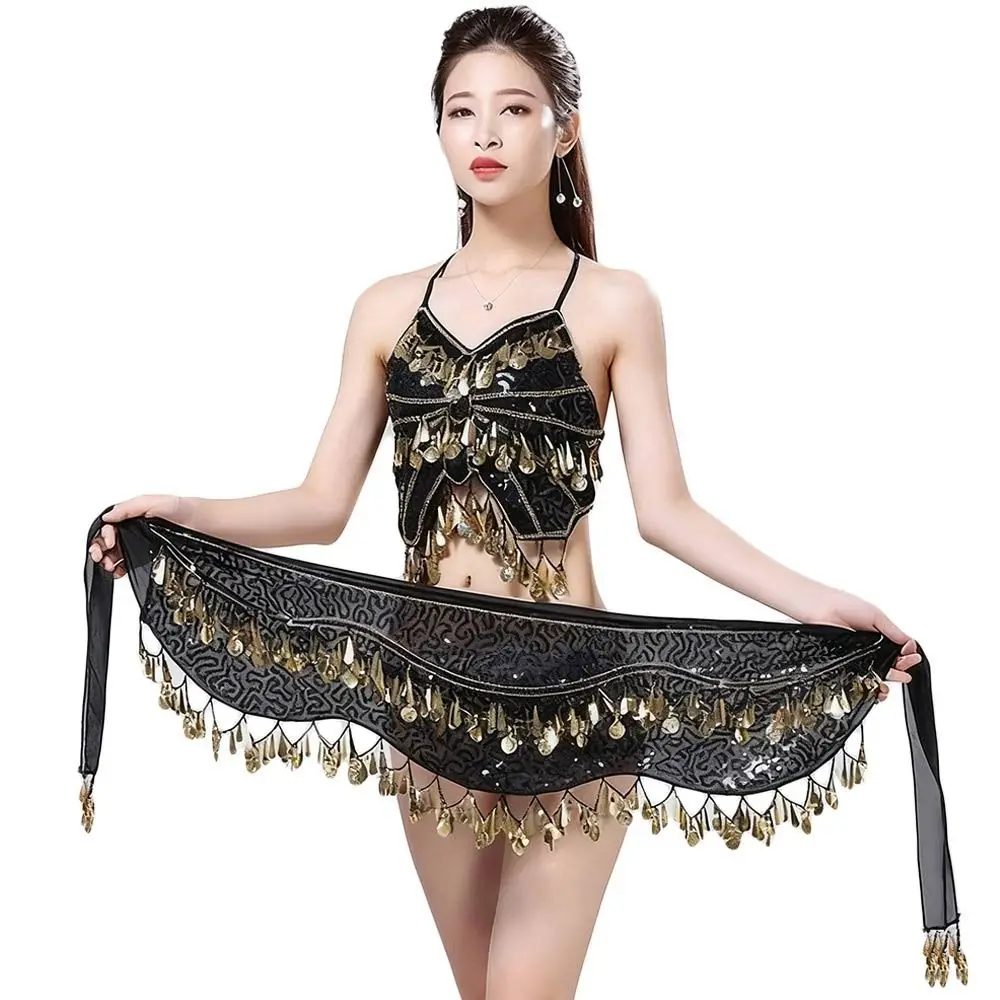 ファッションタッセルベリーダンスヒップスカーフ、ゴールドカラーコインスパンコール付き、女性用ベルトスカートウエストチェーン、ショー衣装