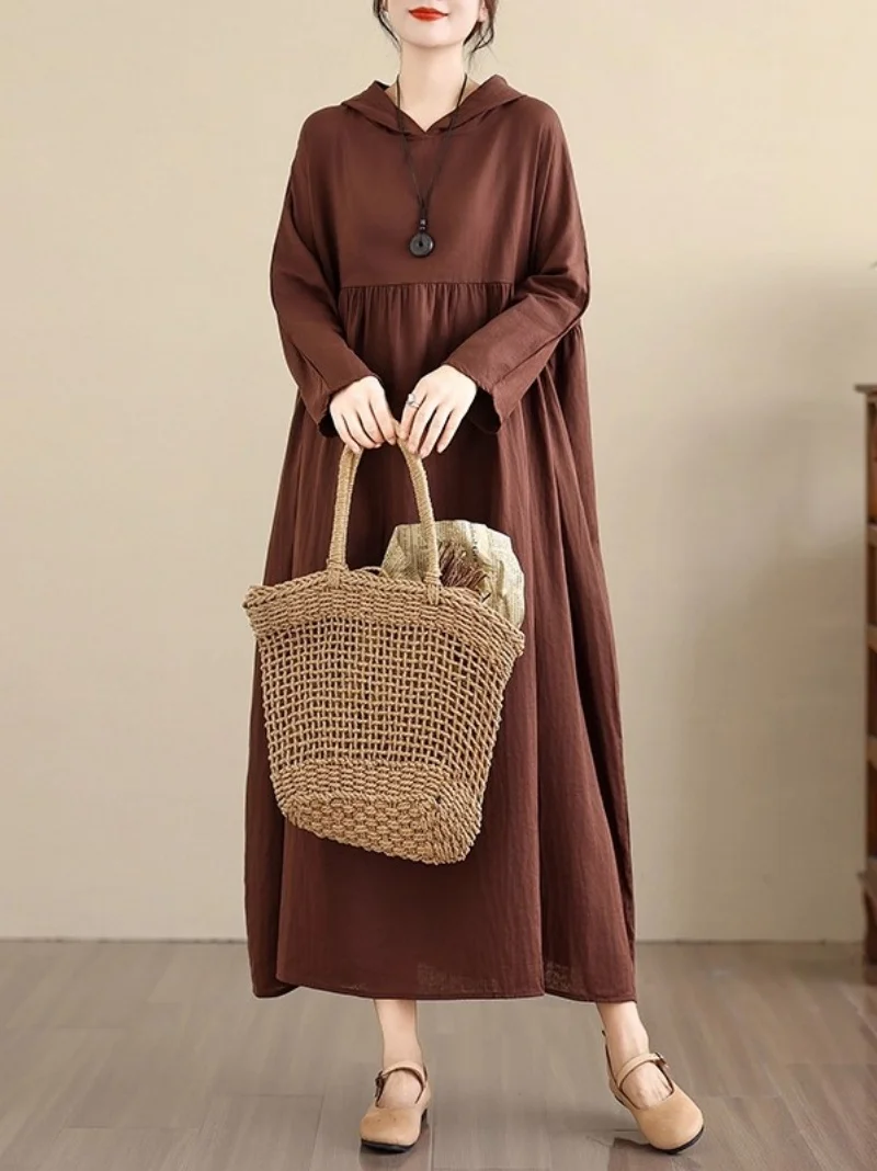 2025 início do outono manga comprida roupas femininas novo estilo retro suave high-end fio dupla face algodão linho vestido com capuz w670