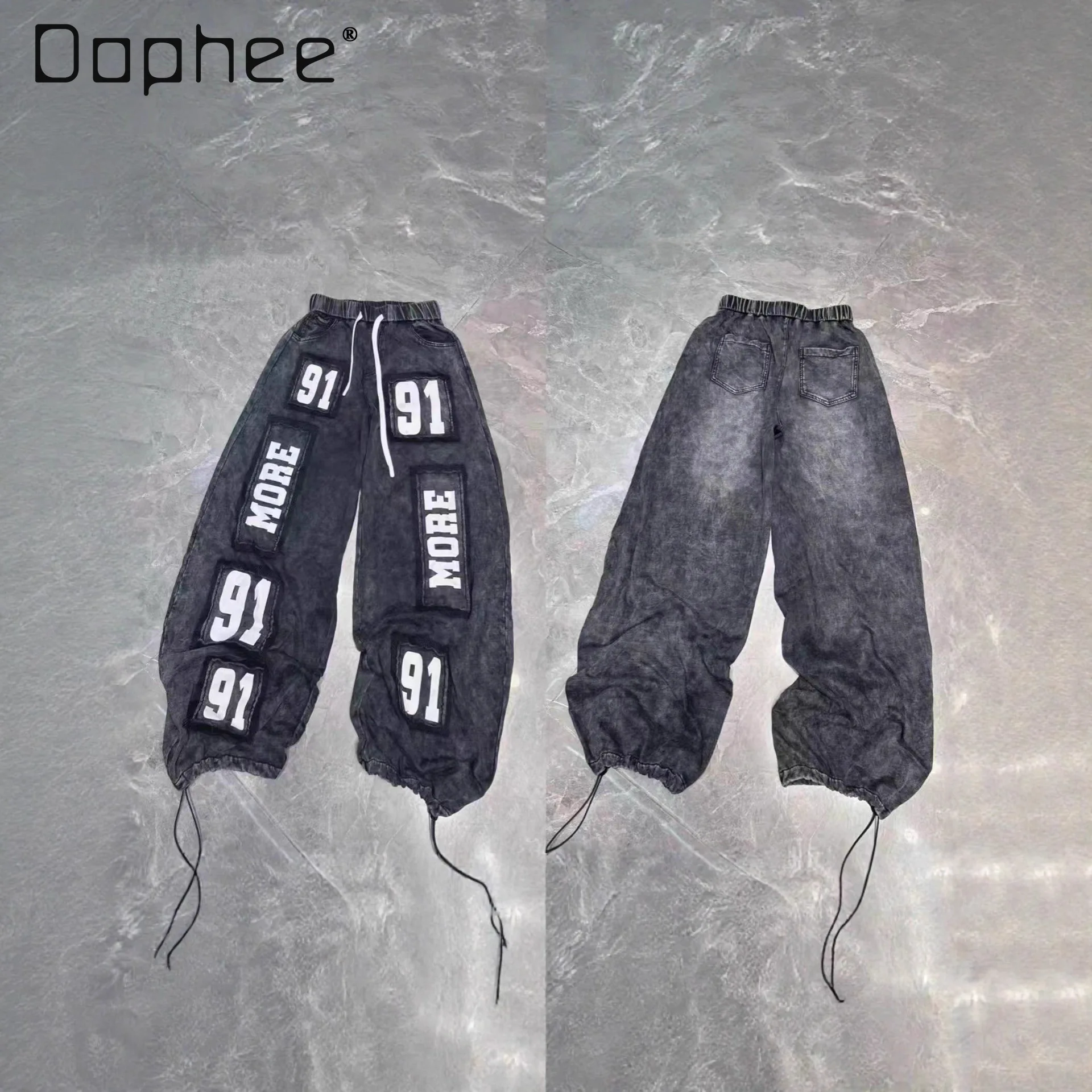 

European Style Casual Pants for Women Autumn New Personality Letter printed Washed Cotton Drawstring Elastic Waist Long Pants