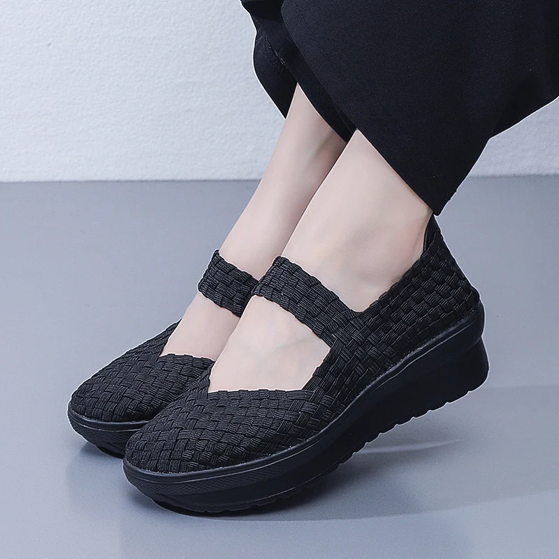 5CM Women Woven Loafers Walking Shoes Sports Outdoor Light Flats Breathable Fitness Sneakers Black Size 35-41