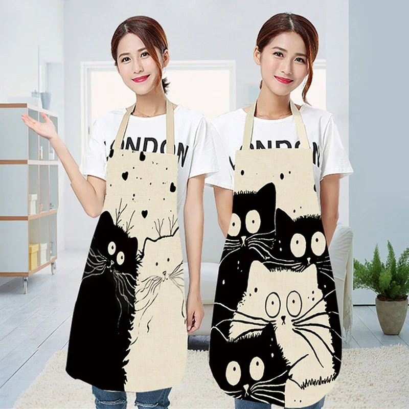 Kitchen Household Cooking Apron Cartoon Cat Printed Oil-Proof Waterproof Adult Coffee Overalls Apron Kitchen Accessories