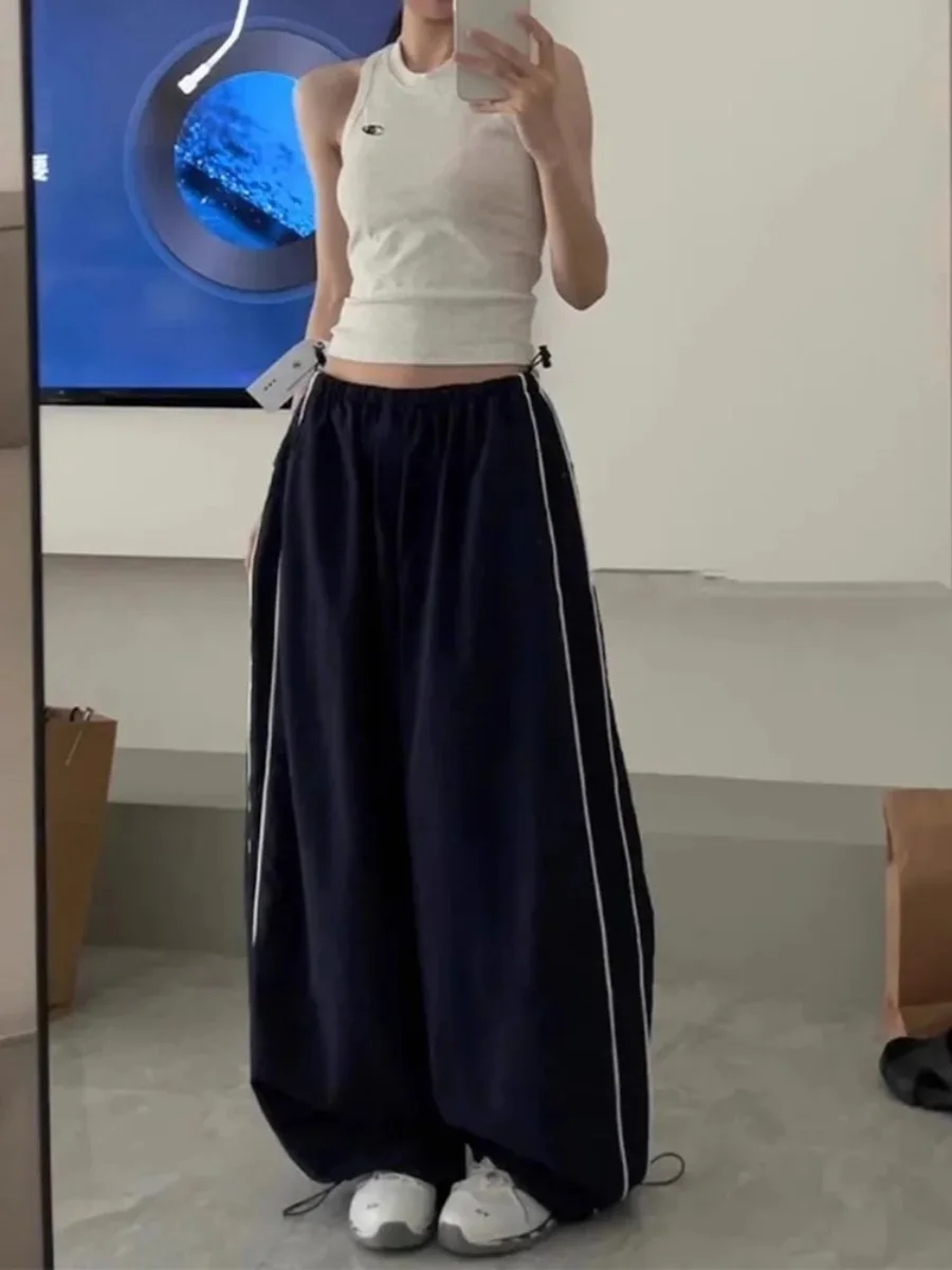 

Женские широкие брюки больших размеров с высокой талией, американские спортивные повседневные рабочие брюки с цветным воротником, летние брюки свободного покроя