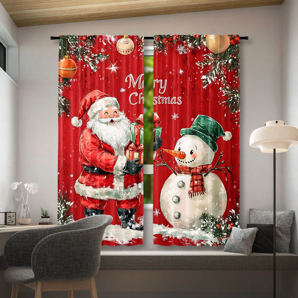 2 pieces, Christmas curtains, Christmas tree snowman snowball, suitable for bedroom, dining room, living room, home curtains