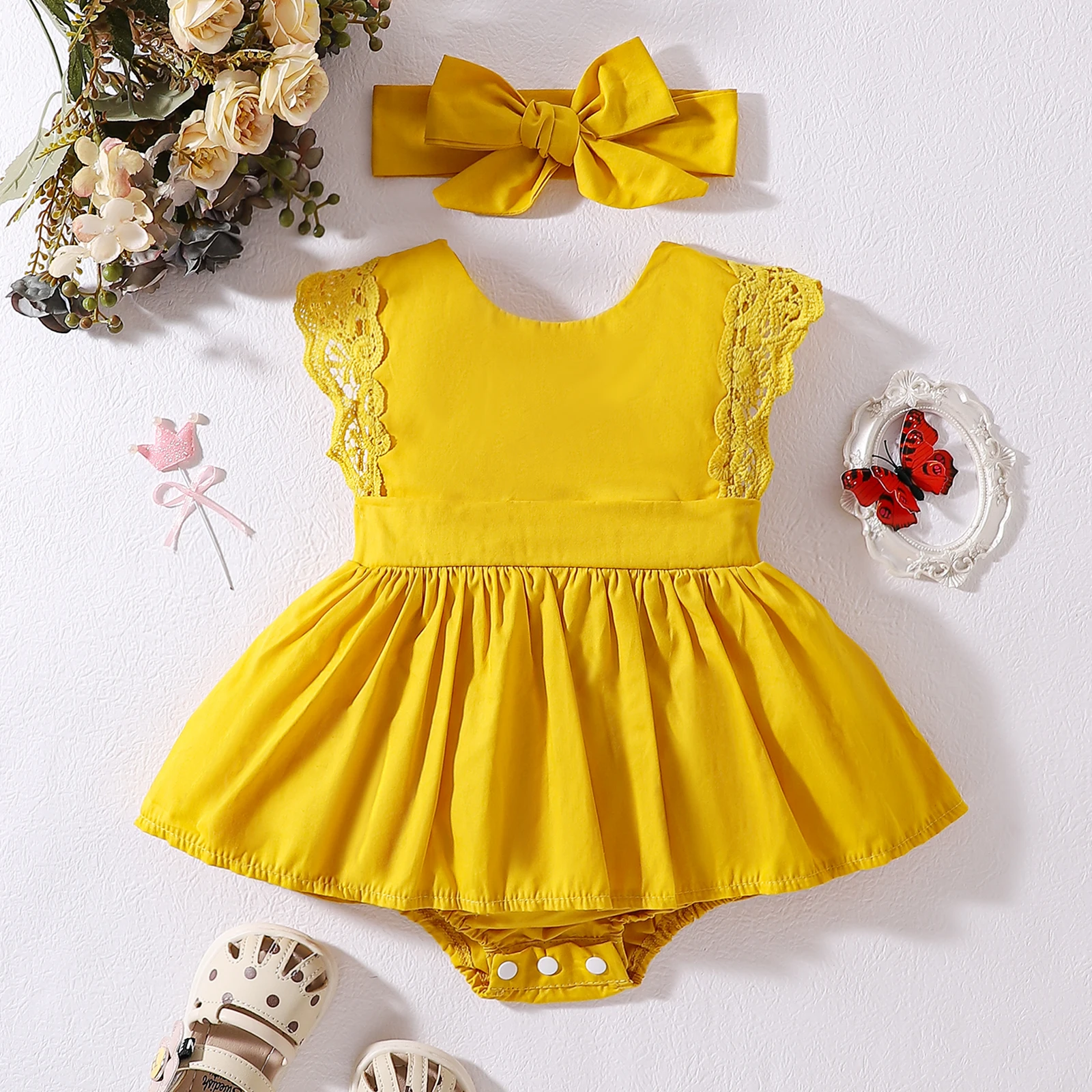 Newborn Summer Baby Girl Yellow & Pink Flutter Sleeves Skirt Dress Jumpsuit Romper + Headwear