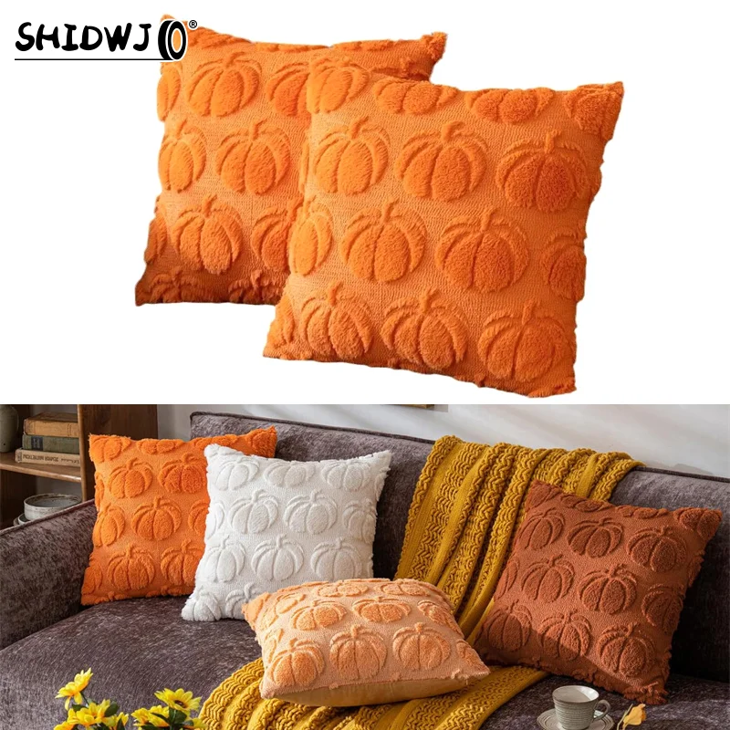 Car Pillow Covers Decorations Autumn Orange Pumpkin Throw Pillow Cases Soft Plush Faux Fur Wool Couch Cushion Case