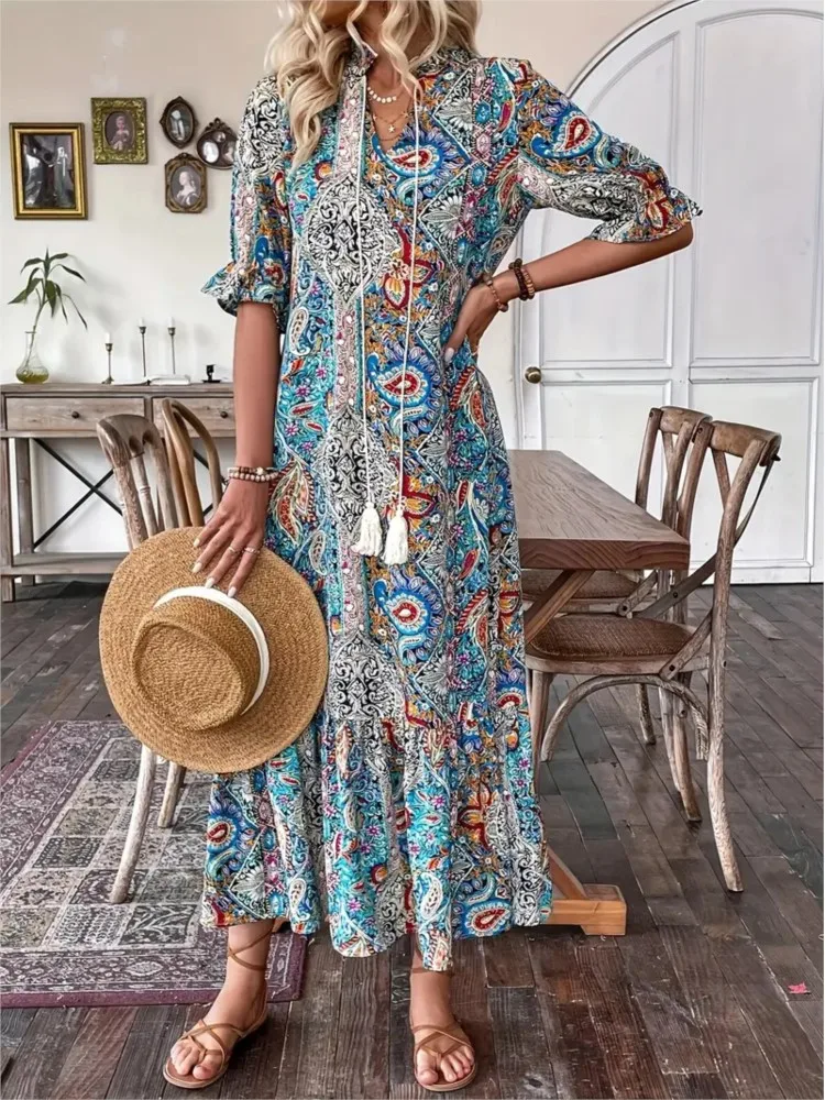 

Boho Print Women Long Dresses Summer V-neck Lace-up Ruffles Hem Splic Sundress Half Sleeve Loose Casual Party Dress Robe Femme