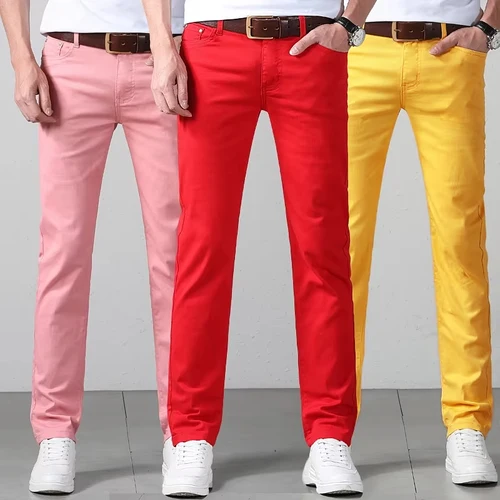 Pantalones ajustados para hombre, informales, coloridos, primavera y otoño, nuevos Pantalones rectos, pantalones elásticos de algodón a la moda, rojo, amarillo y rosa, 2024