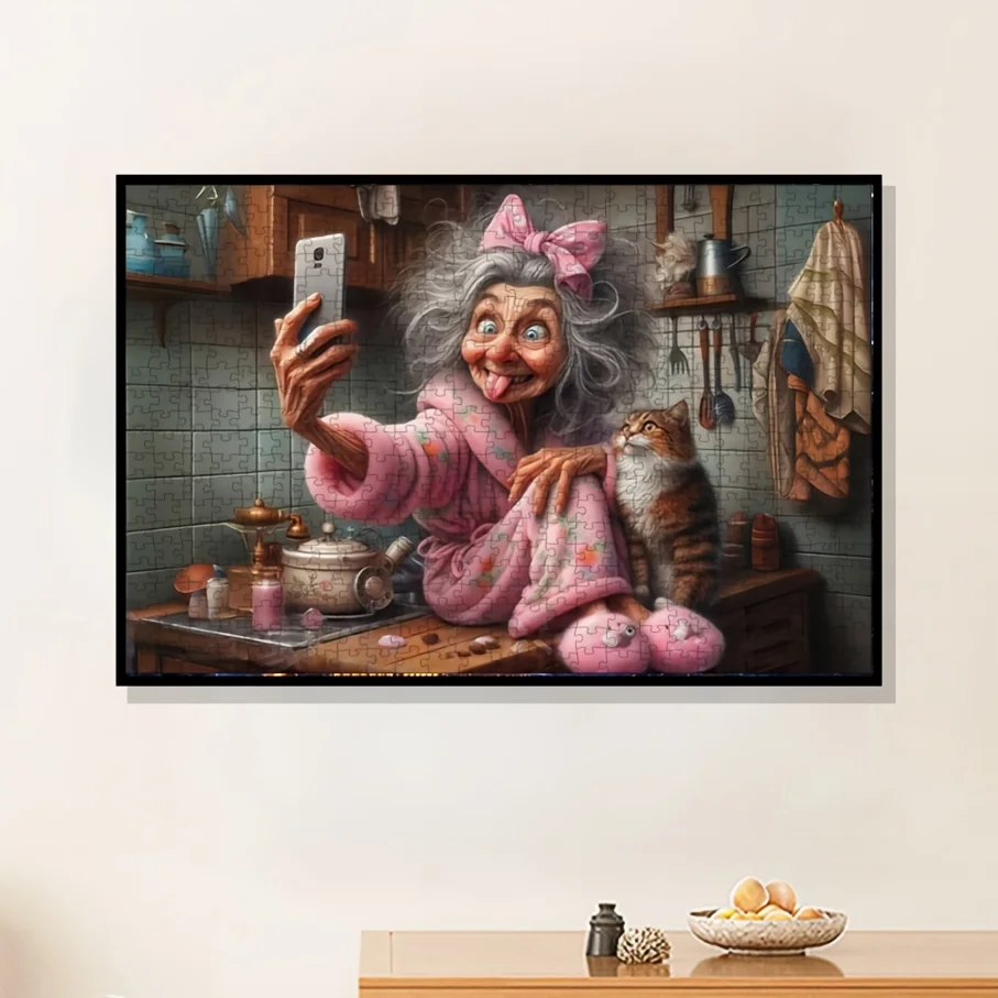 1 Scatola (A) Puzzle per Adulti con Dipinto di Nonna e Gatto, Gioco Divertente ed Educativo, Decorazione per Casa e Parete