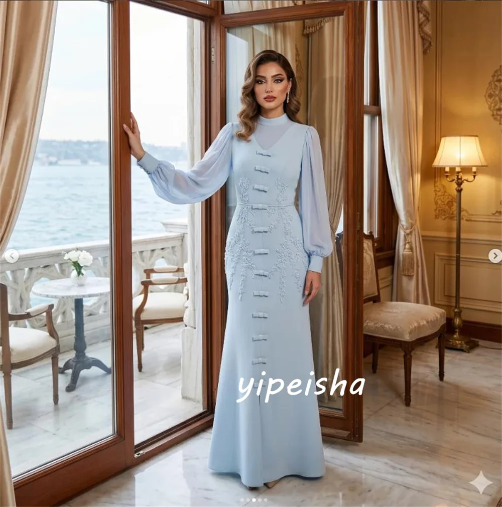 

Customized Sky Blue Blue Jersey Beading Sequined Button Sash Mermaid High Collar For Wedding Party Fashion Chinese Style