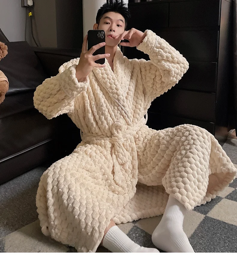 Men's plush robe - jacquard off-white