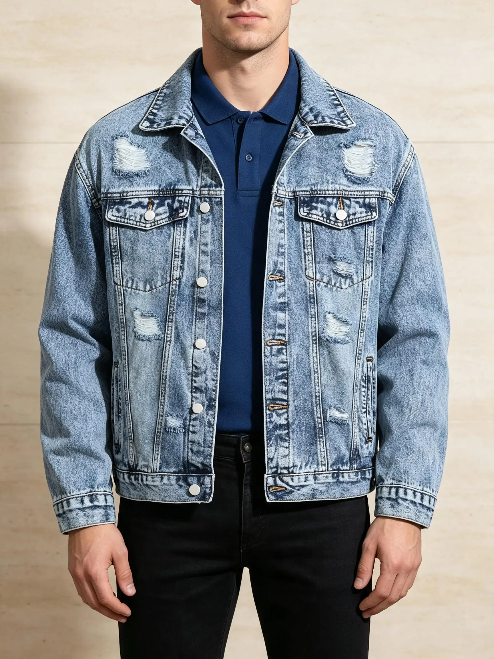 Fashion Raw Hem Light Denim Jacket, Men's Trendy Streetwear Lightweight Outerwear, Frayed Edge Style, Edgy Gift for Husband
