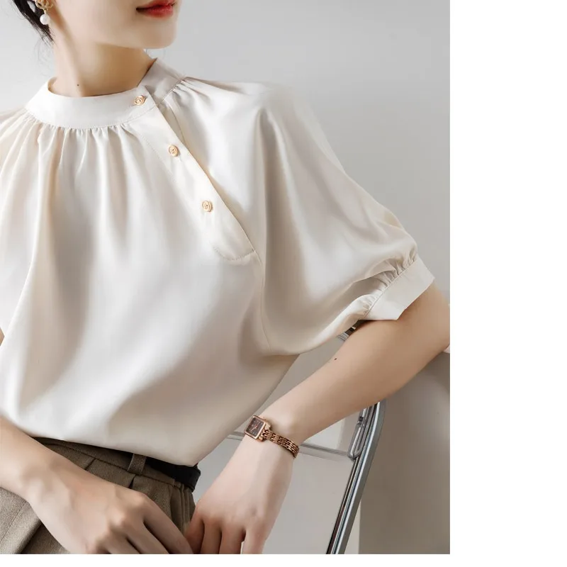 Women Stand Collar Satin Blouse Diagonal Button Puff Short Sleeve Elegant Commuter Shirt