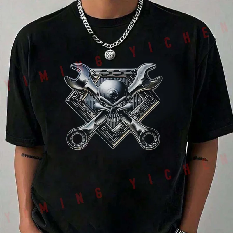 Mechanical Industrial Style -Skull Wrench Pattern Printed Motorcycle T-Shirt Men Unisex Casual Fashiona Short Sleeve O-neck Tops