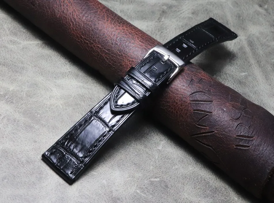 

Pure Handmade Black Crocodile Leather Watchband 18mm 19mm 20mm Alligator Strap Men Women Stainless Steel Buckle