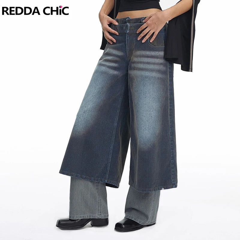 REDDACHiC Trendy Double Layered Baggy Jeans Women Loose Casual Distressed Patchwork Wide Leg Pants Retro Boyfriend Streetwear