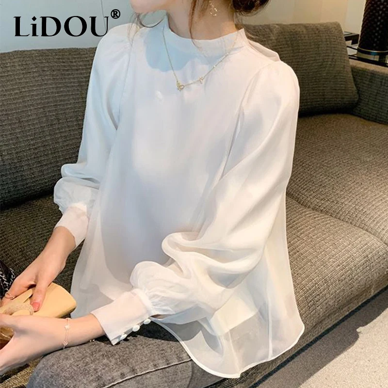 Spring Summer Solid Color Stand Collar Elegant Fashion Bow Shirt Lady Long Sleeve Temperament All-match Top Women Vintage Blouse