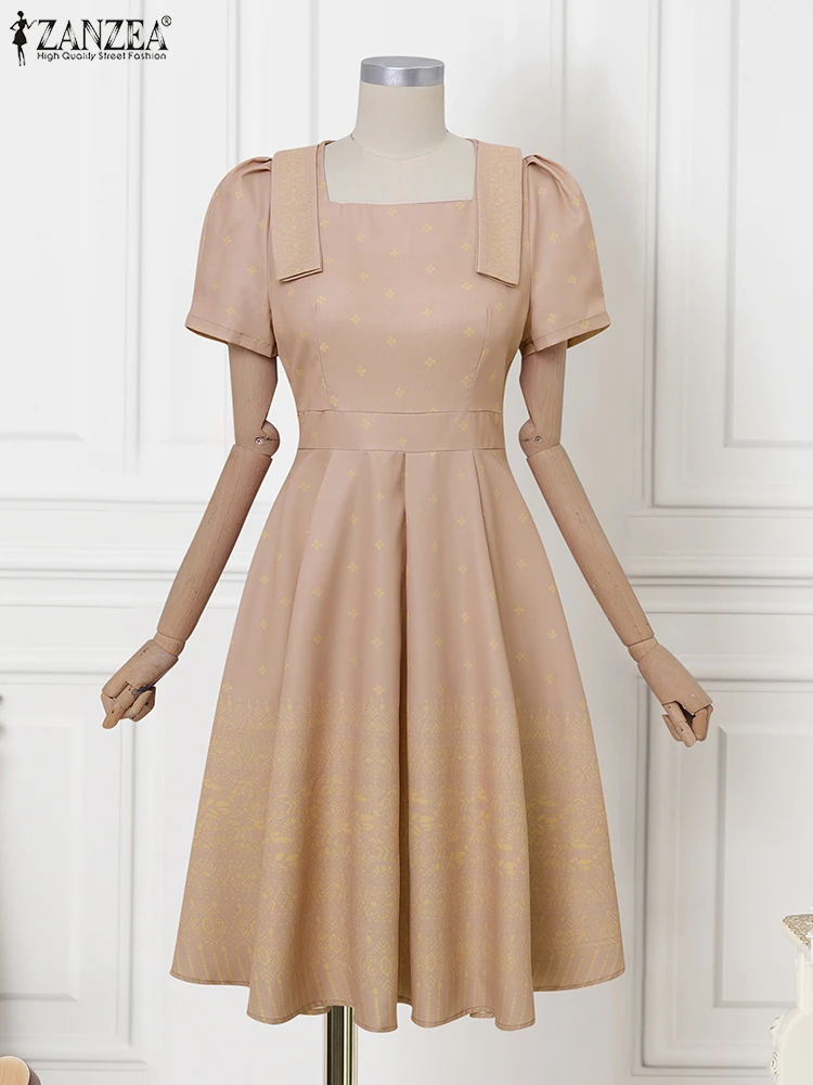 

Office Vintage Dress Elegant Short Puff Sleeve French Sundress ZANZEA 2025 Square Collar A-Line Vestidos Casual Knee-Length Robe