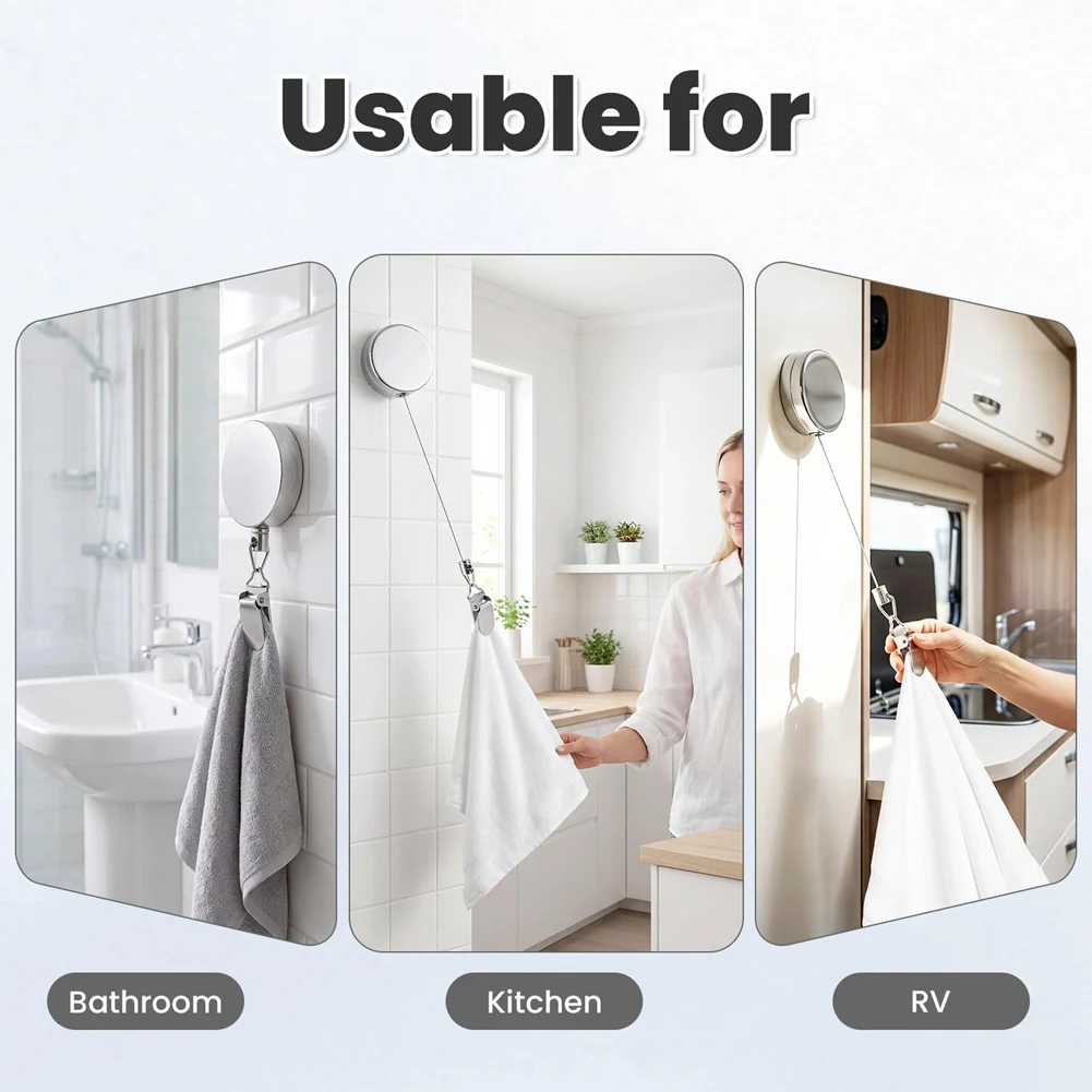 (A60I] 2 Pack Retractable Kitchen Towel Clip Holder, Wall Mounted Kitchen Towel Hook, Steel Cable Auto Rewind for Bathroom