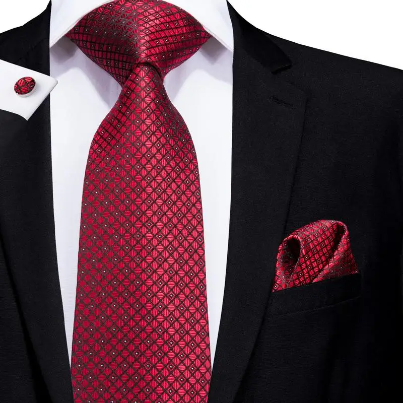 Hi-Tie-corbata de boda de seda a cuadros roja y burdeos para hombre, gemelos prácticos, regalo, corbata para hombre, moda, fiesta de negocios, Dropshiping