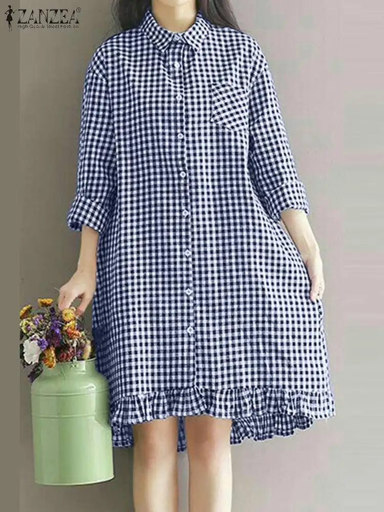 

Women Plaid Checked Sundress ZANZEA Summer Vintage Elegant Holiday Work Vestidos Robe Fashion Lapel Neck 3/4 Sleeve Shirt Dress