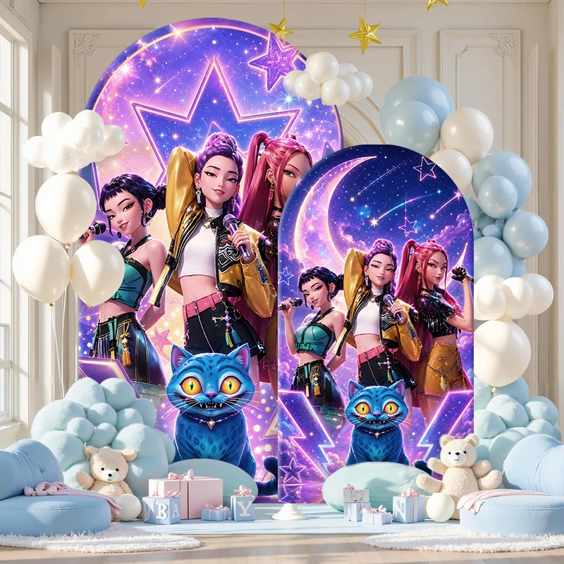 Kpop Demon Hunters Arch Backdrop CoverGirl Group Birthday Arched Banner, Spandex Elastic Photo Booth Background for Party Decor