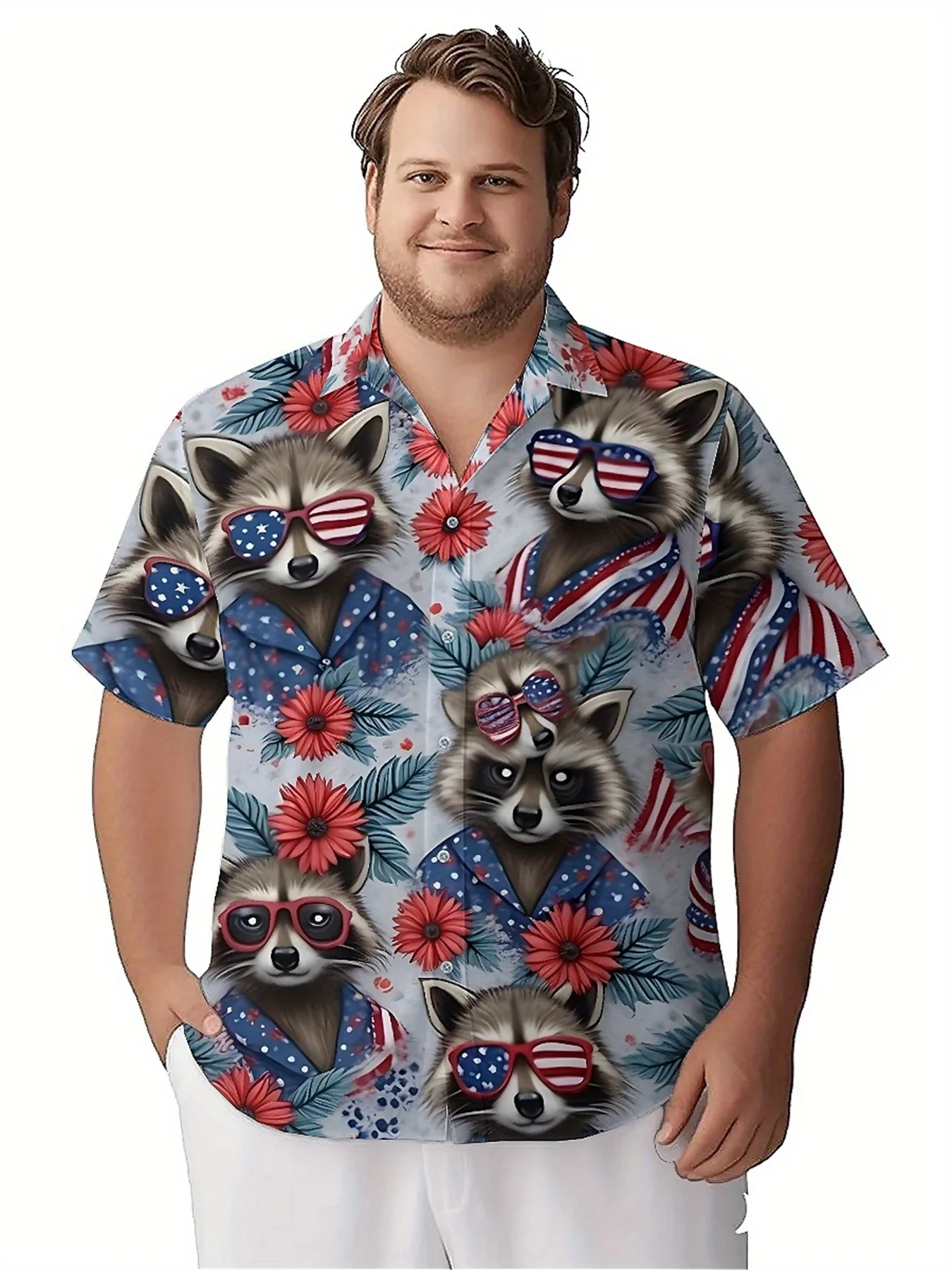 Men's Plus Size Hawaiian Shirts Raccoon Wearing American Flag pattern, Button Up Shirts, Unisex Casual Clothing, Summer Tops