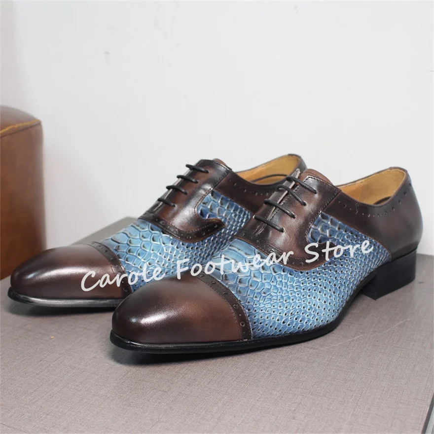ファッション混合色ヘビ革パターンプリントローファー男性用手作り本革レースアップオックスフォード男性ビジネスドレスシューズ