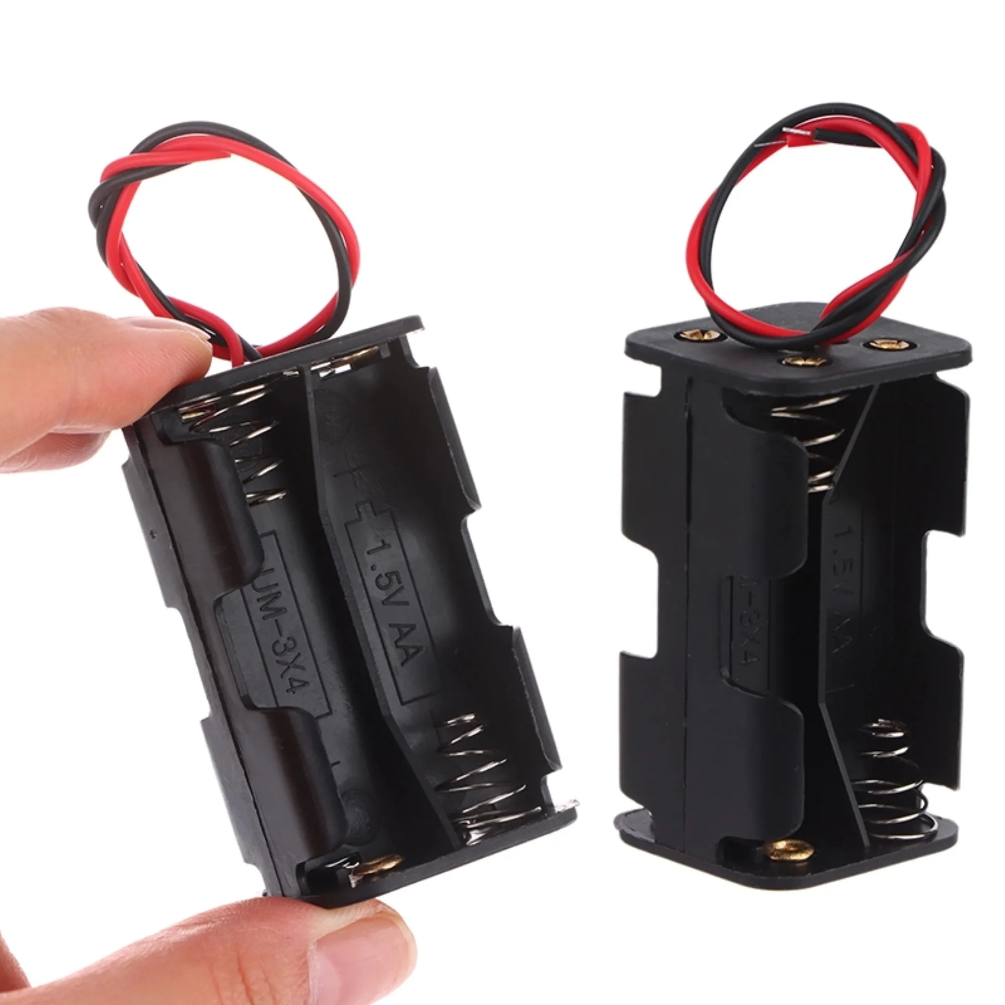Soporte de batería AA de alta calidad, 6V, para 4 pilas AA, caja de almacenamiento de plástico negro, caja de batería AA de doble capa con cable de plomo