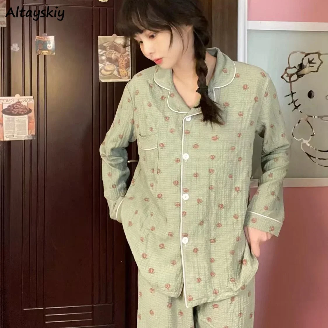

Pajama Sets Women Print Simple Korean Style Long Sleeve Tops Loose Comfortable Sleepwear Homewear Leisure Fashion Spring Pijama