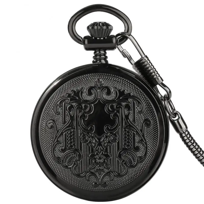 Black Snake Chain Smooth Open Faced Automatic Watch for Men Self-Wind Watch Arabic Numbers Mechanical Pocket Watch FOB Clock