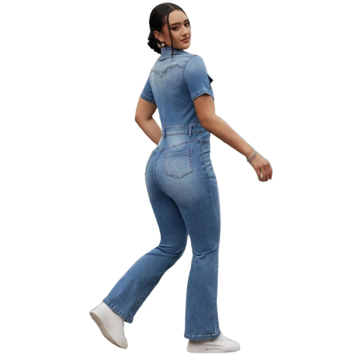 Women Overalls Jeans Denim Ankle Length Pants Single Breasted High Waist Pockets Solid Streetwear Button Turn Down Collar