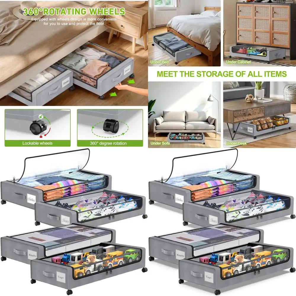 

Набор из 4-х складных контейнеров для хранения под кроватью с прозрачными крышками для обуви, одежды и одеял, серый цвет