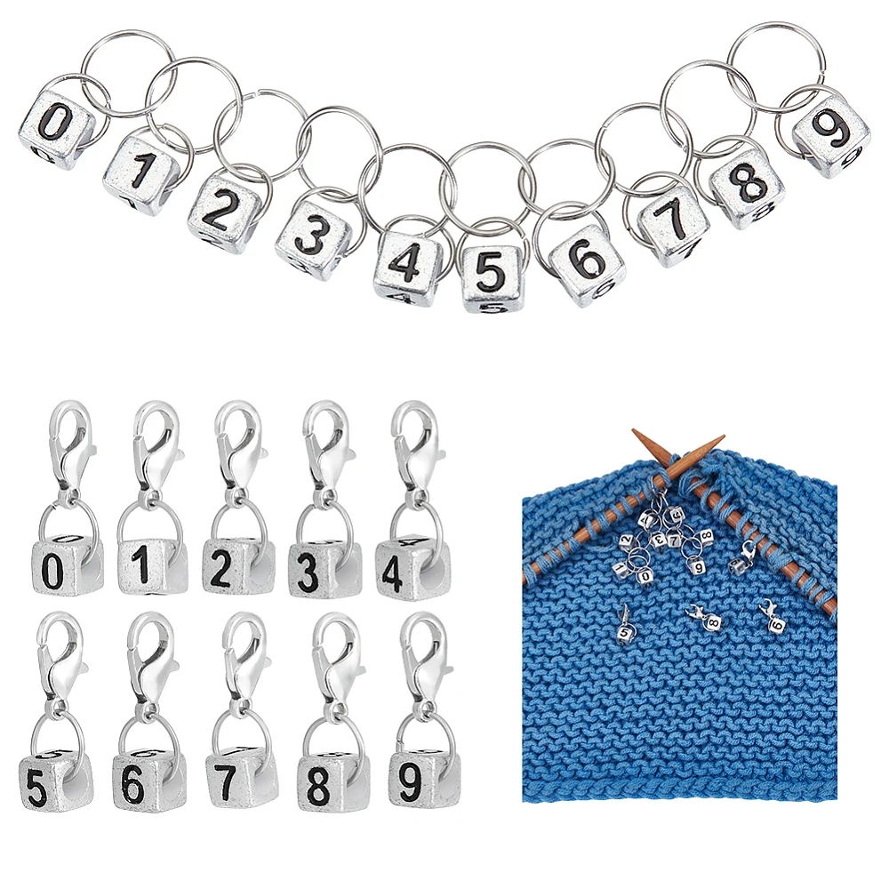 DIY Cube with Number 0~9 Knitting Tool Sets including Acrylic Locking Stitch Markers and Knitting Row Counter Chains Silver