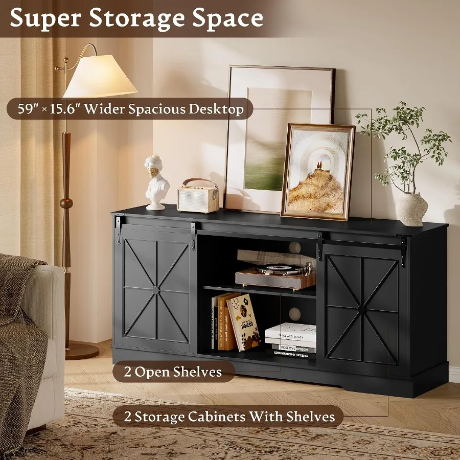 Farmhouse TV Stand for 65 Inch TV with Sliding Barn Doors, solid wood, white, rustic charm and concealed storage