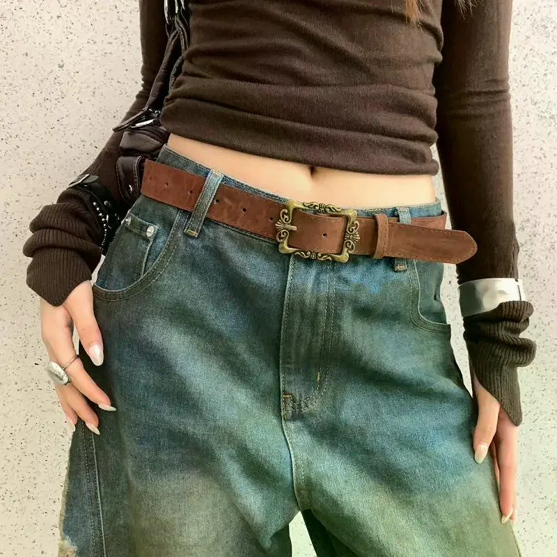 Cintura in pelle scamosciata alla moda retrò in stile Maillard con cintura in vita con fibbia in metallo Cintura decorativa versatile