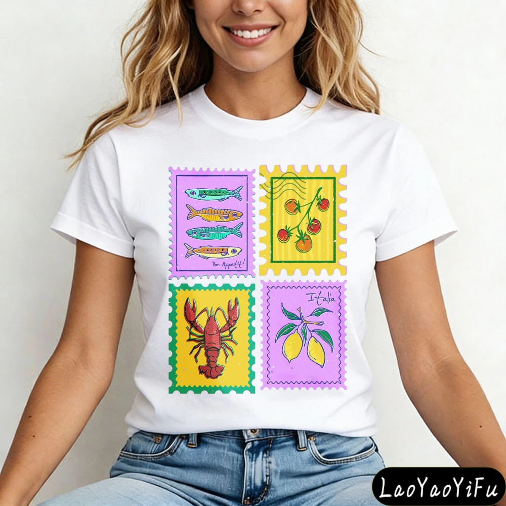 Italian Stamp Design Shirt Mediterranean Aesthetic Tee Tomato Girl Summer Tshirt Italy Vacation Tops Women Crewneck Cotton Shirt