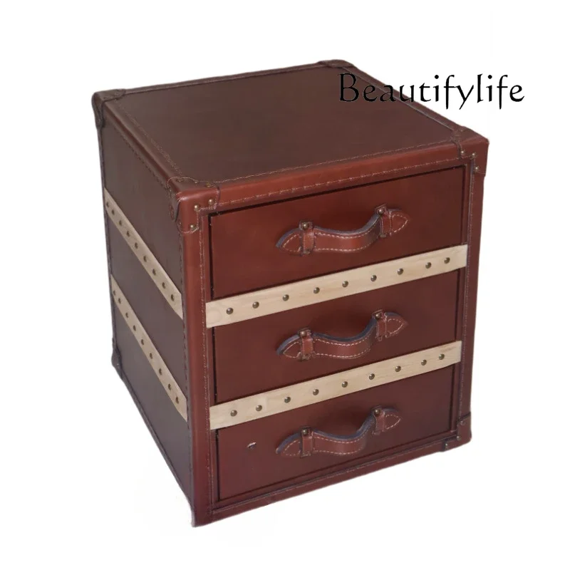 05-yj15 Leather bedside table light luxury high sense three drawers retro first layer cowhide storage side cabinet living room b