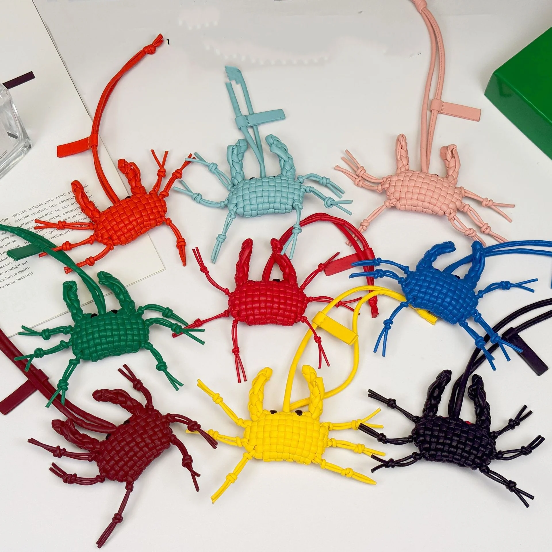 Newly  leather hand-woven crab-shaped car pendant  Handbag charm accessory with a decorative cord 9 Colors .