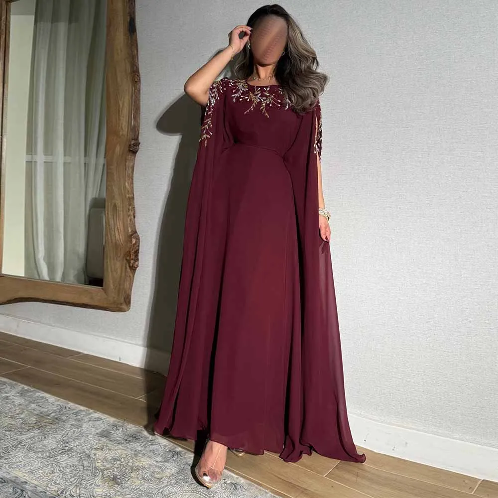 

Роскошные платья для выпускного вечера в Дубае, шифоновое платье-футляр/колонна, вечернее платье бордового цвета с круглым вырезом и бусинами, вечерние платья с рукавами «летучая мышь»