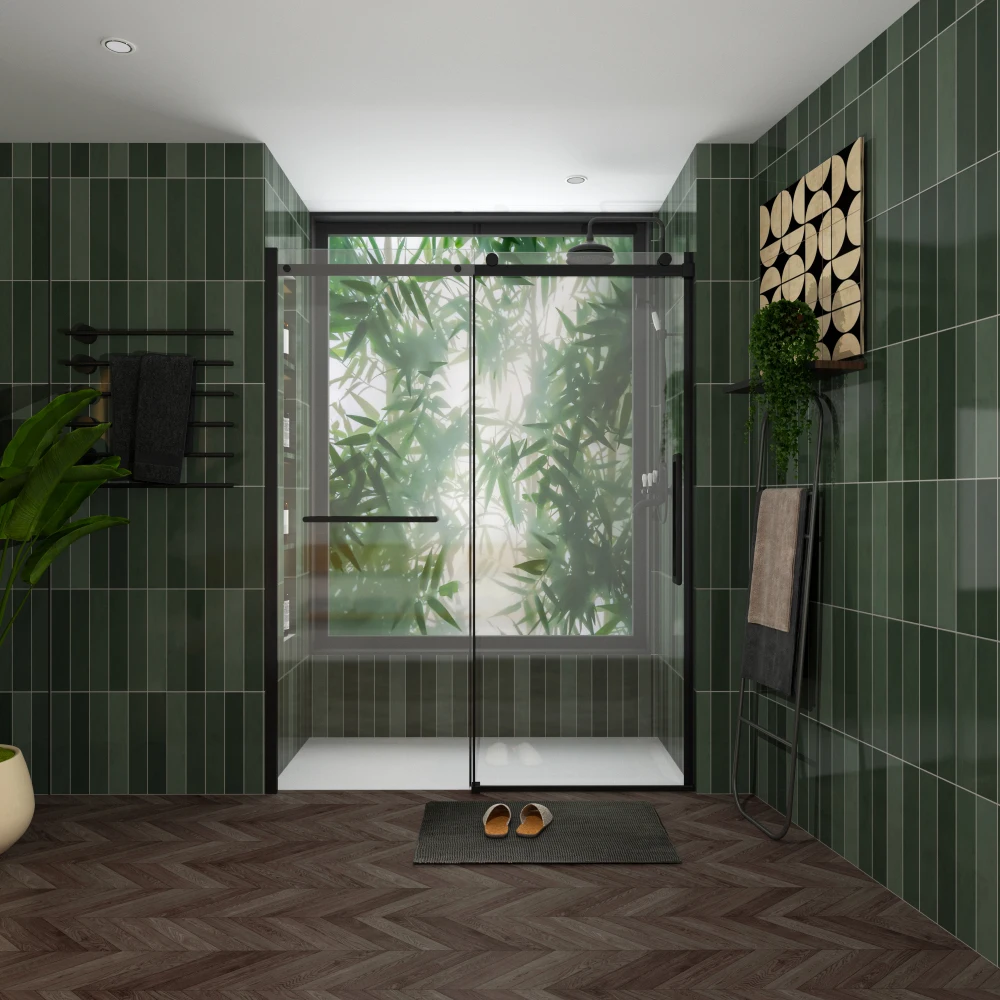 

S-RM6076TB 56-60"W x 76"H Sliding Shower Door, Frameless Glass Shower Door with Matte Black Hardware, Towel Bar and Handle