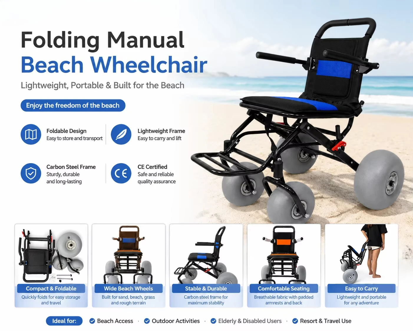 Foldable manual beach wheelchair, portable beach wheelchair with tie rod