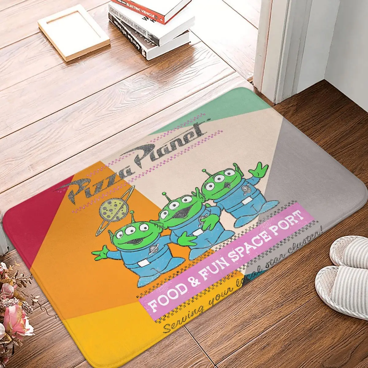 Toy Story Non-slip Doormat Pizza Planet Pastel Logo Bath Bedroom Mat Prayer Carpet Flannel Pattern Decor