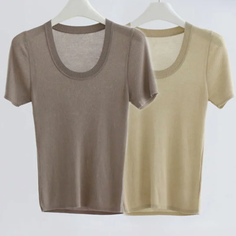 

2024 Short Sleeved T-shirt Summer New Edition Thin Shoulder Knitted Lyocell Top свитер Sweater кофта женская платья для женщин