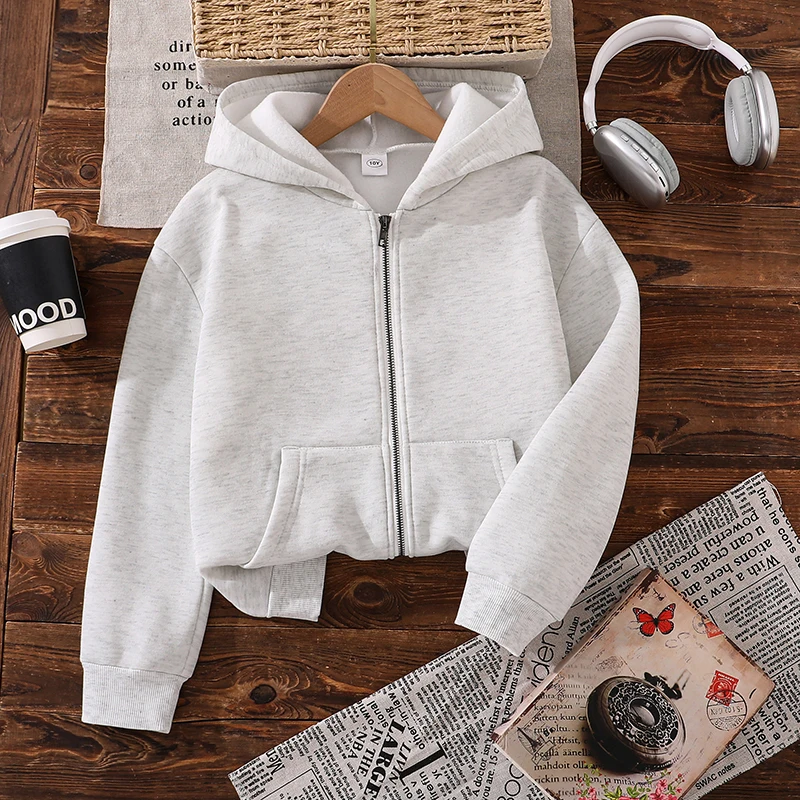 Girls 8-12 Heather Gray Zip-Up Hoodie, Comfy Casual Activewear, School Playdate Kids Outerwear