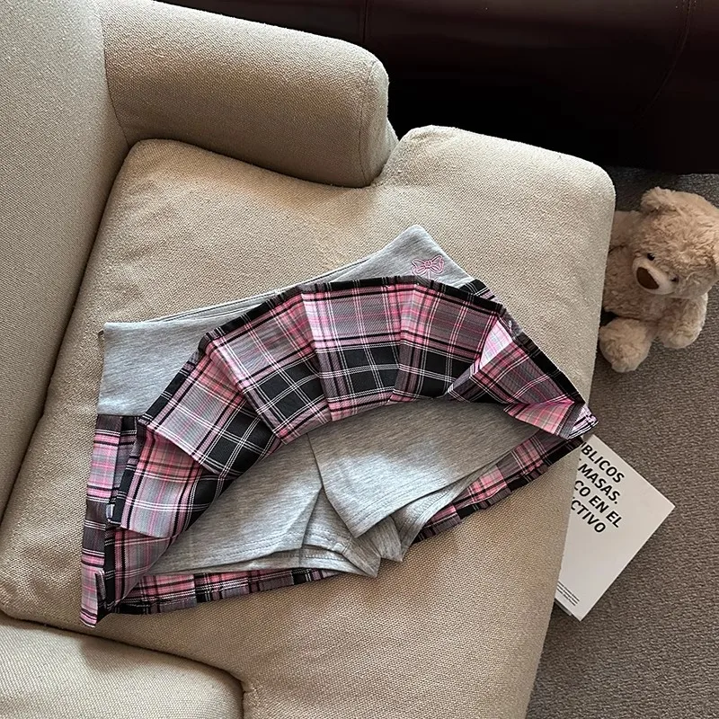 Y2K Preppy Style Plaid Print Patchwork Skirts Women's Summer High Waist Embroidery A Line Mini Skirt Korean Sweet Pleated Skirt